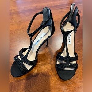 Nina Black Strappy Heels with Rhinestones